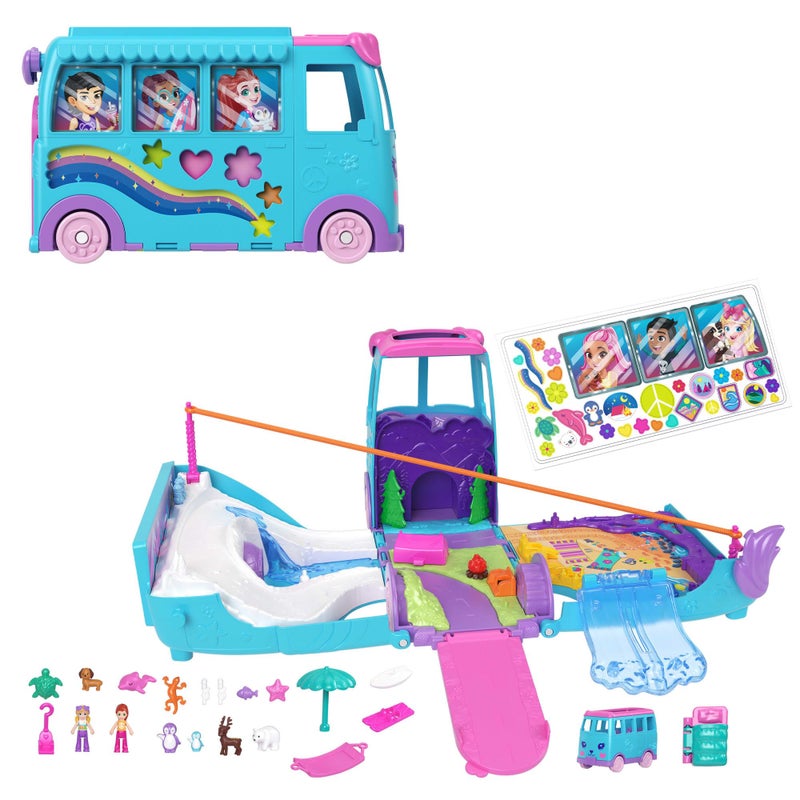 Polly Pocket Micro Dolls and Transforming Camper Van Vehicle, Accessories Include Pets and Toy Car, Pet Mobile Adventure Playset - Image 1