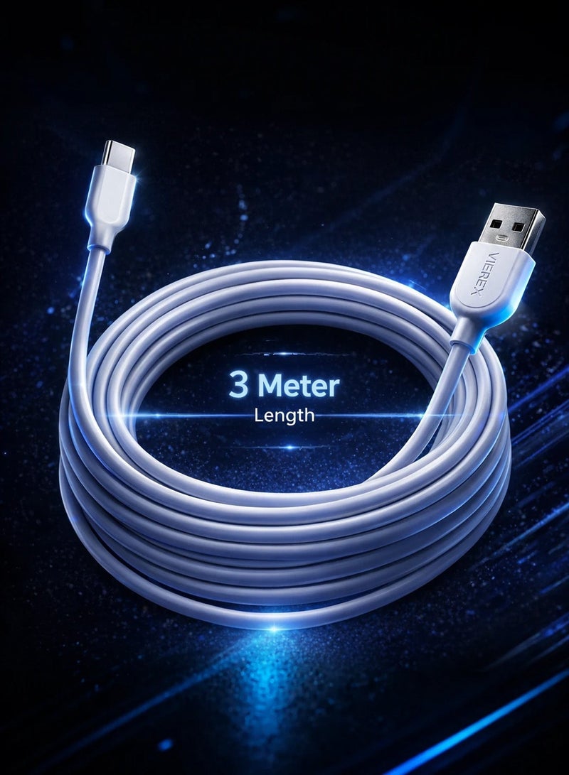 Vierex VC-3 Fast Charging USB Type-C Cable 2.4A Long Charging &  Data Sync Cable 480Mbps, 3m - Image 1