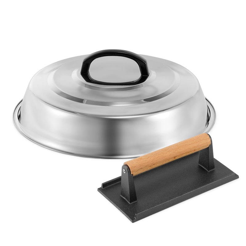 BBQ Accessories 12 Inch Round Stainless Steel Basting Cover Cheese Melting Dome Rectangle Cast Iron Grill Press Kit for Hamburger Bacon Steak Best for Blackstone Camp Chef Flat Top Griddle Grill