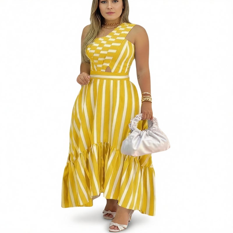 Women's Asymmetrical One-Shoulder Printed Stripe Maxi Dress Polyester A-Line - Image 1