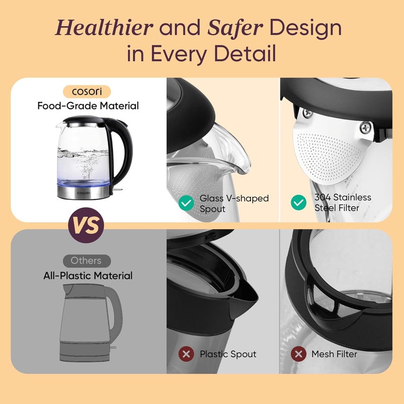 COSORI Electric Kettle, No Plastic Contact With Water, Wide Mouth For Easy Cleaning, Auto Shut Off, 1.7L Tea Kettle & Hot Water Boiler, Water Heater & Teapot, Borosilicate Glass, Black, 1500W - Image 2