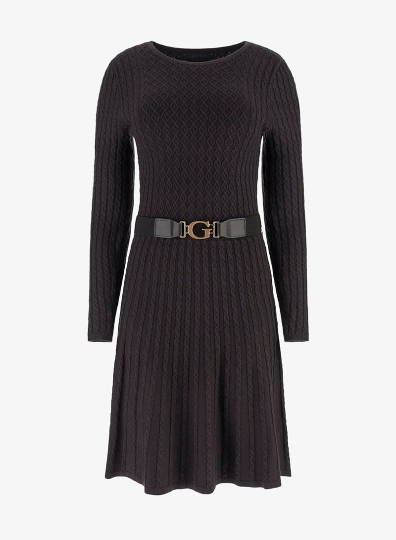 جس فستان هانا طويل الأكمام بياقة مستديرة وحزام بتصميم كابل - Image 5