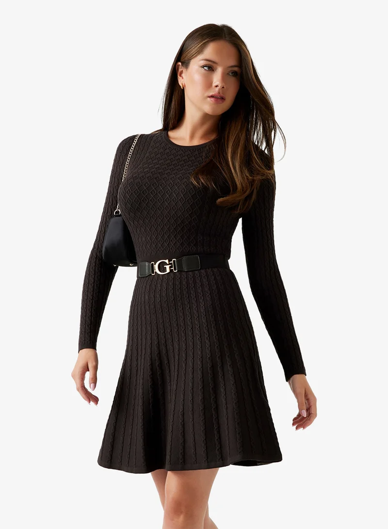 GUESS Long Sleeve  Crew Neck Cable Belted Hana Dress