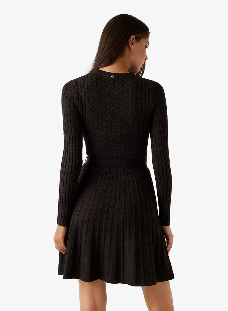 GUESS Long Sleeve  Crew Neck Cable Belted Hana Dress