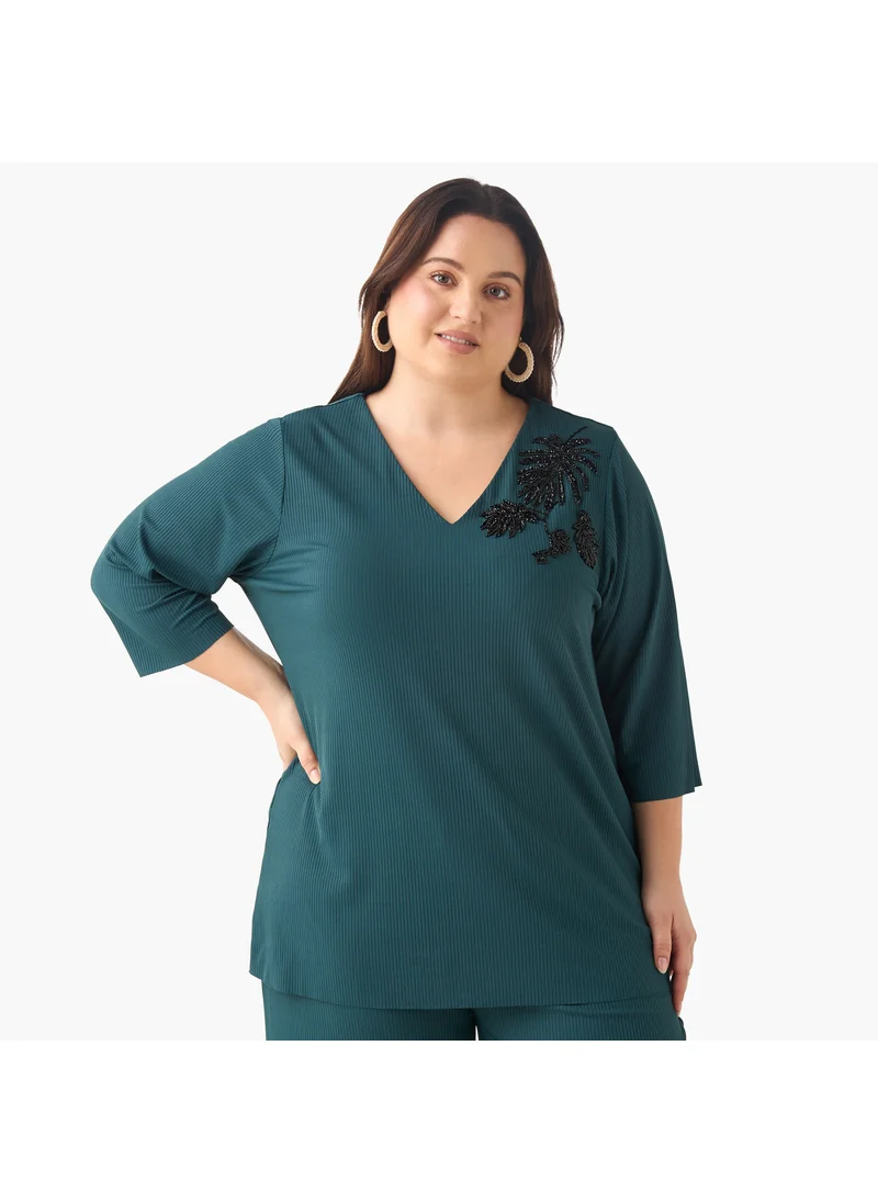  أولا بوبكن Plus Size Ulla Popken Embellished Top with V-neck and 3/4 Sleeves