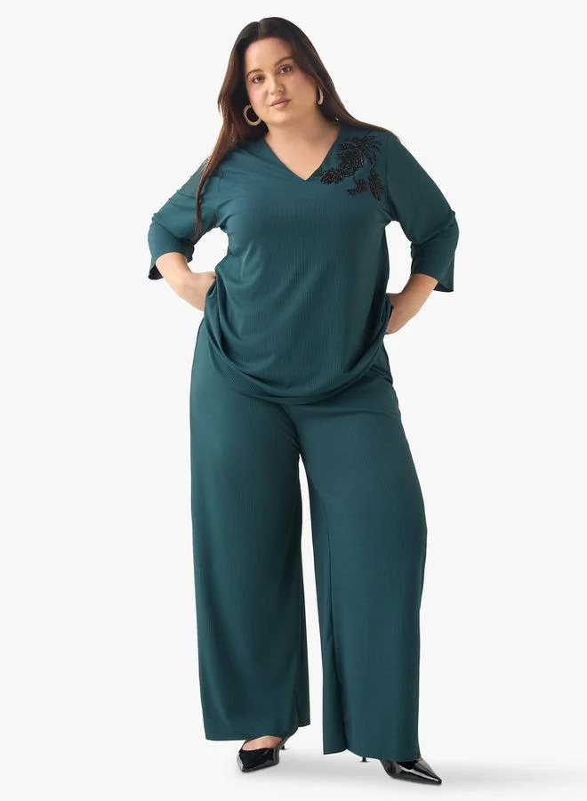 Ulla Popken Plus Size Ulla Popken Embellished Top with V-neck and 3/4 Sleeves