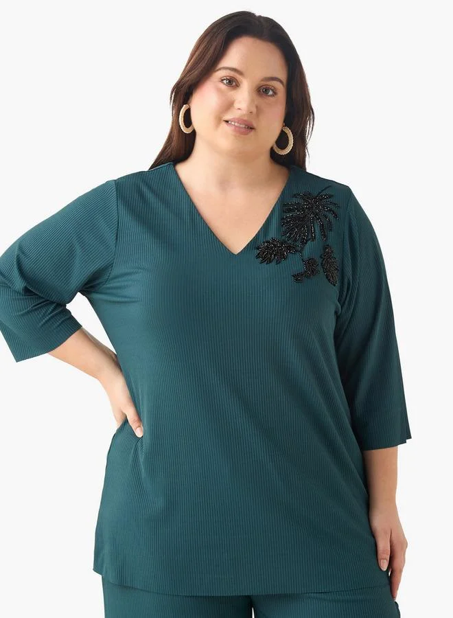 Ulla Popken Plus Size Ulla Popken Embellished Top with V-neck and 3/4 Sleeves