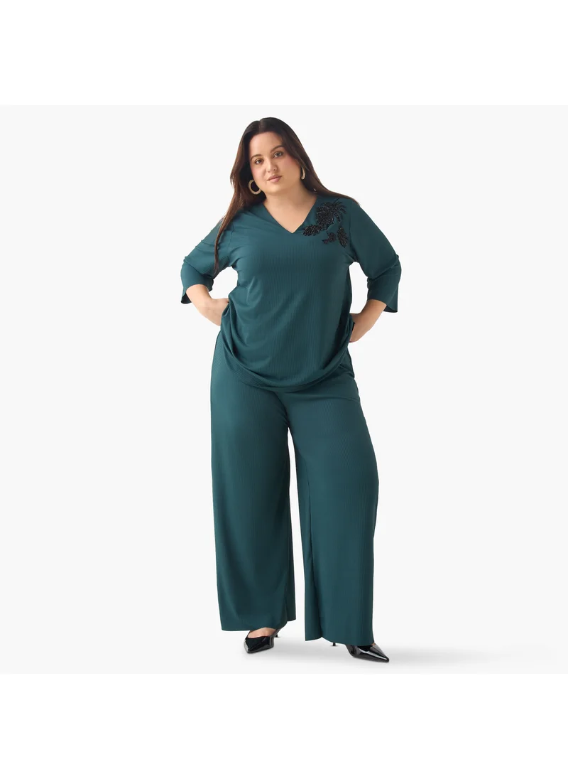  أولا بوبكن Plus Size Ulla Popken Embellished Top with V-neck and 3/4 Sleeves