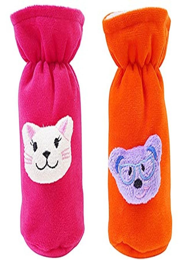 MW PRINTS Soft Plush Stretchable Baby Feeding Bottle Cover with Easy to Hold Strap |Suitable for 60ml-140ml Baby Feeding Bottle Cover Pack of 2 (Dark Pink & Orange) - Image 1