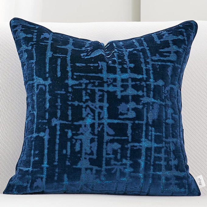 SQUARE GEOMETRICAL PLAID STRIPED CUT VELVET THROW PILLOW COVER 18X18 INCH LUXURY MODERN DECORATIVE ACCENT PILLOW COVER FOR COUCH LIVING ROOM BEDROOM BLUE