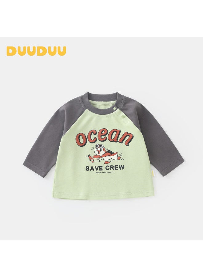 Duuduu Kids Boys Colorblock T-shirt Spring Autumn Long Sleeve Top Crew Neck Base Shirt Green 120 - Image 1