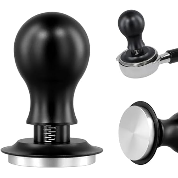 كاست ويف مكبس قهوة 53 مم معاير محمل بنابض مع قاعدة من الفولاذ المقاوم للصدأ موزع قهوة إسبريسو بمقبض من الألومنيوم وعلامة مقياس ملحقات ماكينة القهوة باللون الأسود - Image 1