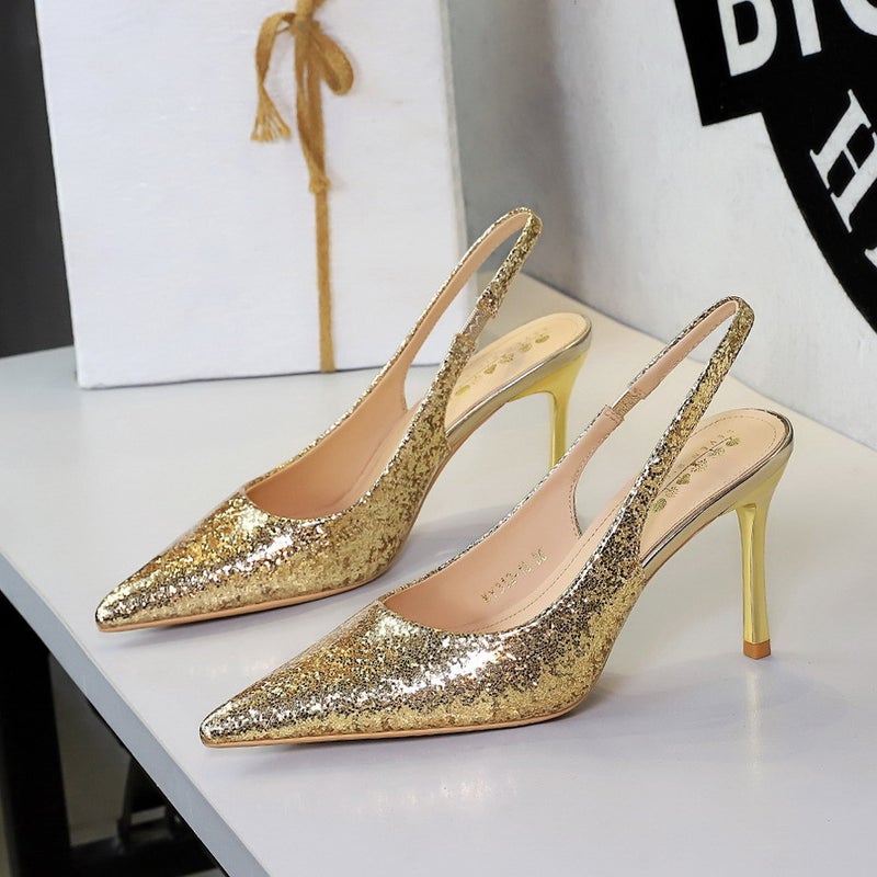 312-19 Style Nightclub Goddess High Heels With Sequins, Pointed Toe, Shallow Cut, Backless, And Strap-On Single Shoes - Image 3