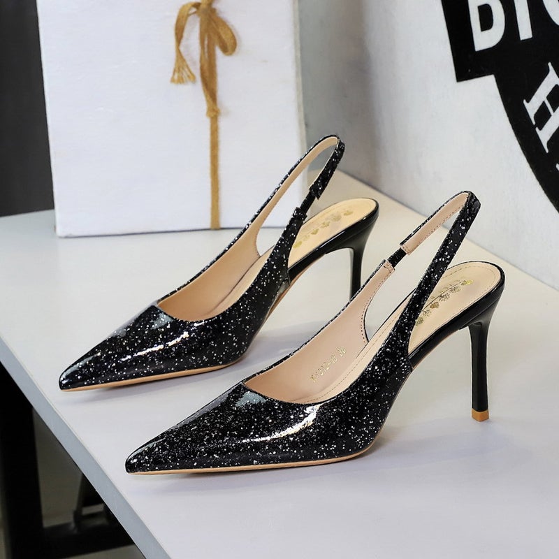 312-19 Style Nightclub Goddess High Heels With Sequins, Pointed Toe, Shallow Cut, Backless, And Strap-On Single Shoes - Image 5
