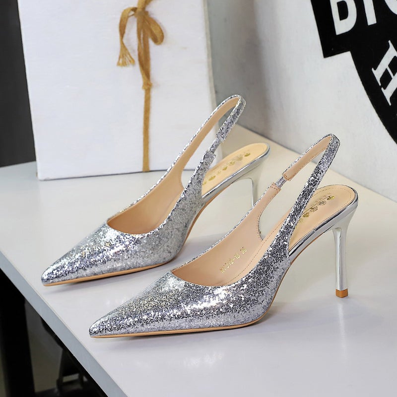 312-19 Style Nightclub Goddess High Heels With Sequins, Pointed Toe, Shallow Cut, Backless, And Strap-On Single Shoes - Image 1