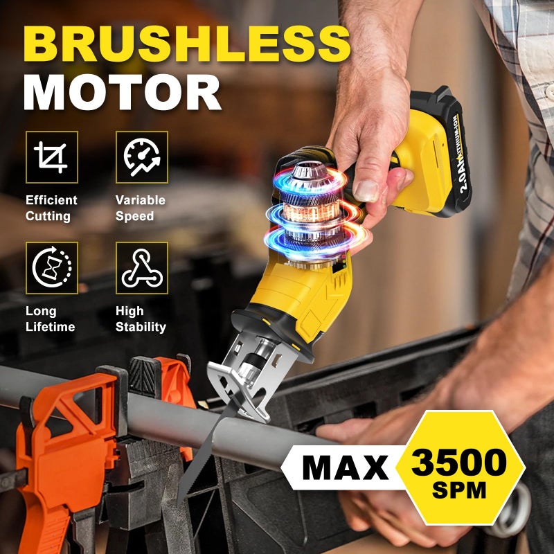 FULLYEA Cordless Reciprocating Saw, 0-3500 RPM Electric Saws with 4 Blades & 2 Batteries, Toolâ€‘Free Change, Handheld Saw Lightweight, Battery Reciprocating Saws for Cutting Wood PVC Pipe (Yellow) - Image 4