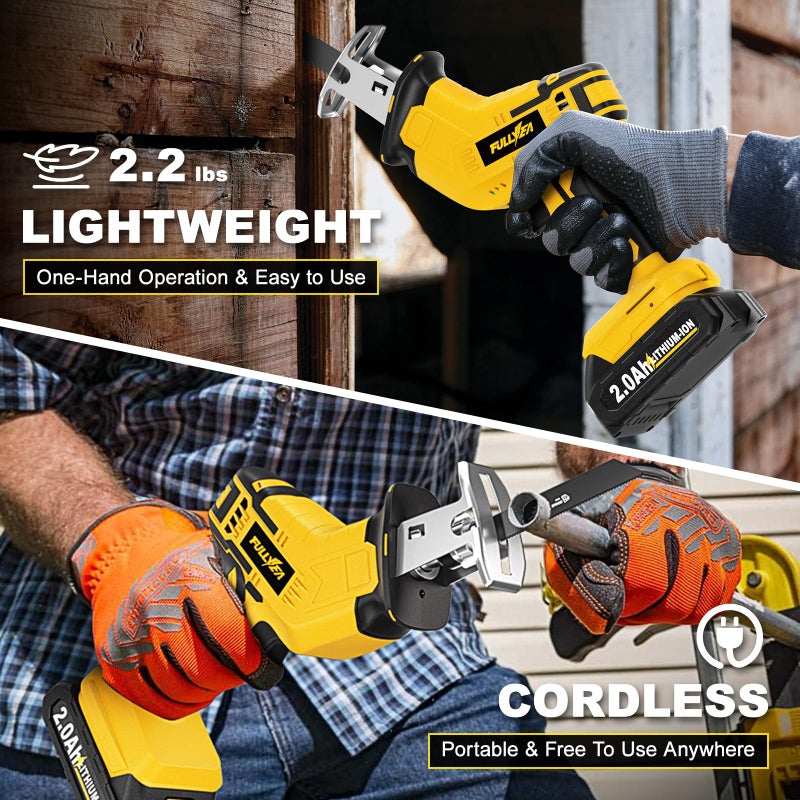 FULLYEA Cordless Reciprocating Saw, 0-3500 RPM Electric Saws with 4 Blades & 2 Batteries, Toolâ€‘Free Change, Handheld Saw Lightweight, Battery Reciprocating Saws for Cutting Wood PVC Pipe (Yellow) - Image 2
