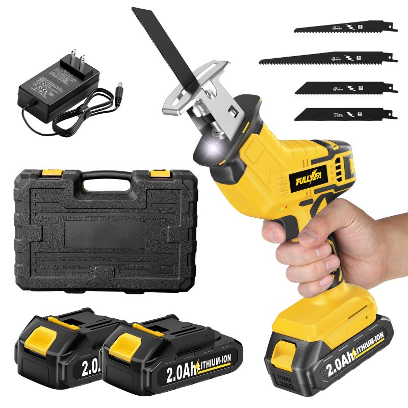 FULLYEA Cordless Reciprocating Saw, 0-3500 RPM Electric Saws with 4 Blades & 2 Batteries, Toolâ€‘Free Change, Handheld Saw Lightweight, Battery Reciprocating Saws for Cutting Wood PVC Pipe (Yellow) - Image 1