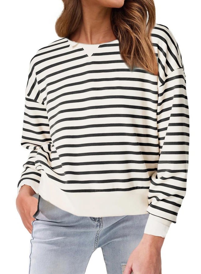 Glamaker Women's Striped Crewneck Sweatshirt Pullover Casual Long Sleeve Air Essentials Cropped Shirts(Black Stripe M) - Image 1