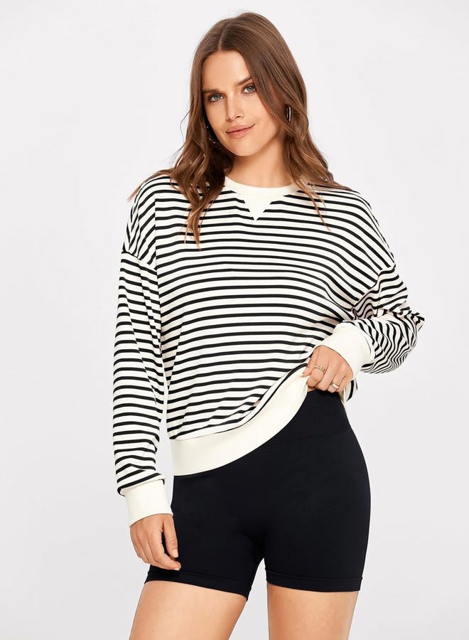 Glamaker Women's Striped Crewneck Sweatshirt Pullover Casual Long Sleeve Air Essentials Cropped Shirts(Black Stripe M) - Image 4