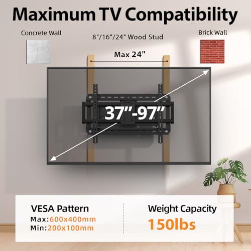 IWORKBOARD Full Motion 75 85 86 90 97'' TV Wall Mount Bracket, Loads 150 lbs Heavy Duty TV Mount, Swivel Tilt Extension Level, Complete Metal Bars & Wall Plate, up to 600x400mm VESA & 24'' Wood Studs - Image 5
