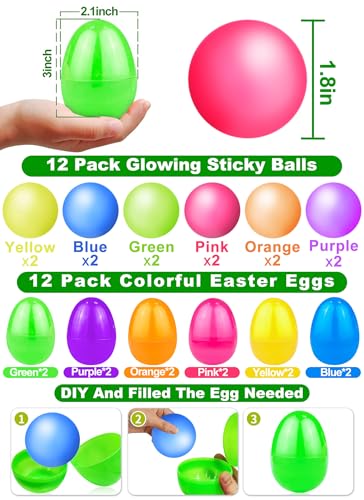 AMENON 12 Pack 3 Large Filled Easter Eggs Glow in The Dark Sticky Ceiling Ball Easter Basket Stuffers Essential Stress Relief Fidget Toys Easter Eggs Hunt Party Favor Gifts for Kids Boys Girls Toddler - Image 5