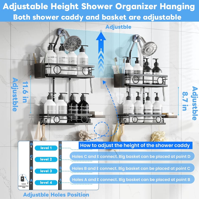 Dotpilgo Adjustable Shower Caddy Hanging Rustproof Large-Capacity Bathroom Organizer Shower Racks with Hooks for Razor Bathroom Organizers and Storage - Image 5