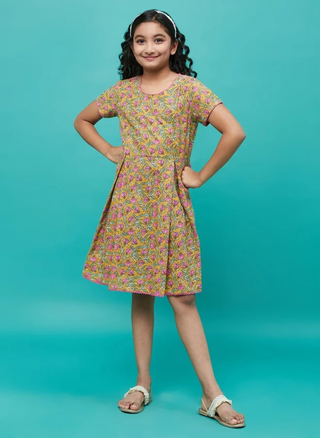 AKS Mustard Floral Printed A-Line Dress for Girls