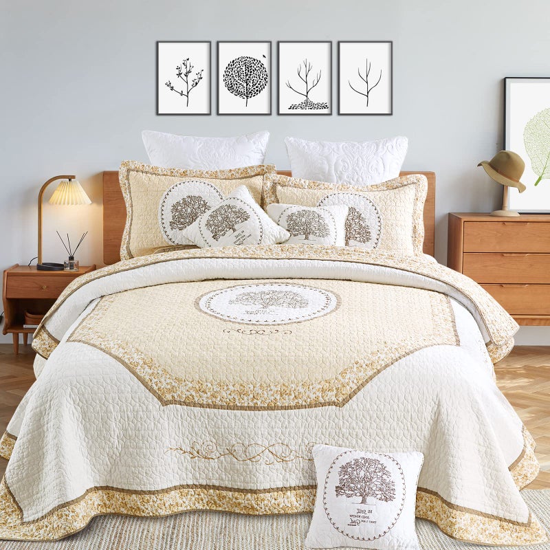GeeComfy 3PCS Tree of Life Quilt Set Cotton Embroidery Bedspread Lightweight Coverlet Set for All Season Use QueenFull Size 94 x 92