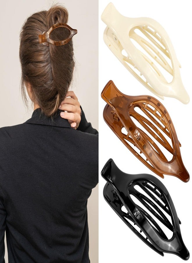 ATODEN Flat Hair Claw Clips - Women's 3pc French Concord Large Neutral Jaw Clips for Thin/Thick Hair - White, Brown, Black - Image 1