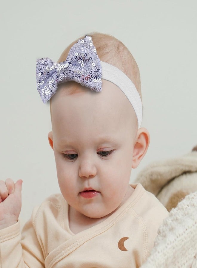 SYGA 3 Pcs Baby Headband Set, Soft Stretchable Nylon Hairbands with Glitter Bow and Knotted Design for Newborn, Infant, and Toddler-0-3 Years (White) - Image 3