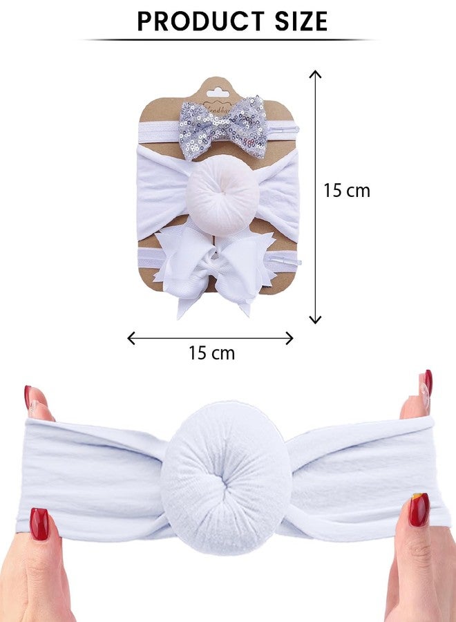 SYGA 3 Pcs Baby Headband Set, Soft Stretchable Nylon Hairbands with Glitter Bow and Knotted Design for Newborn, Infant, and Toddler-0-3 Years (White) - Image 4