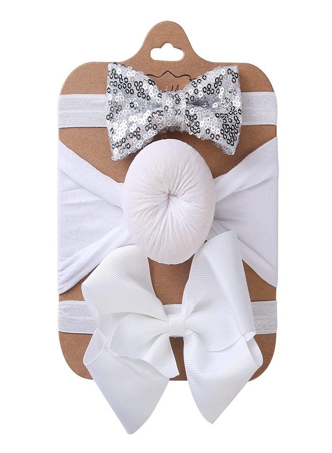 SYGA 3 Pcs Baby Headband Set, Soft Stretchable Nylon Hairbands with Glitter Bow and Knotted Design for Newborn, Infant, and Toddler-0-3 Years (White) - Image 1