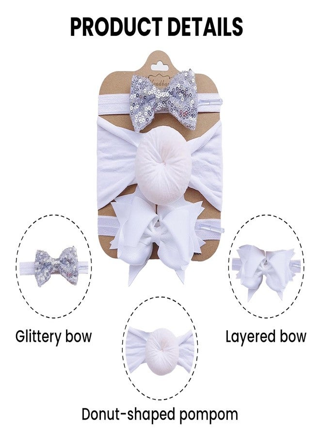 SYGA 3 Pcs Baby Headband Set, Soft Stretchable Nylon Hairbands with Glitter Bow and Knotted Design for Newborn, Infant, and Toddler-0-3 Years (White) - Image 5