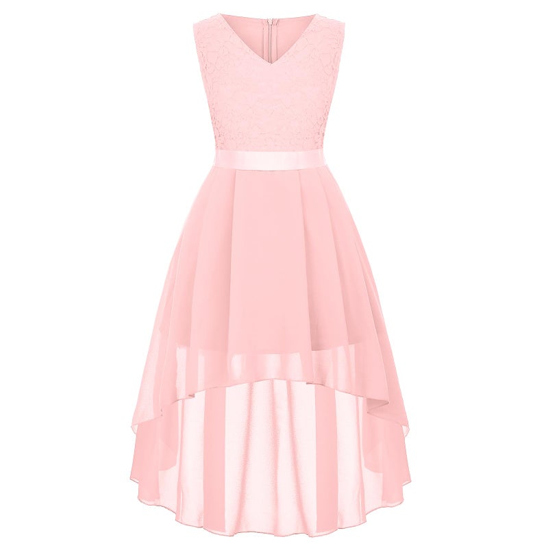 Binboll Girl Dress Sleeveless Elegant V Neck Vintage Girls Formal Bridesmaid Hi-Lo Hem Chiffon Long Party Dress(Pink,13-14Y - Image 1