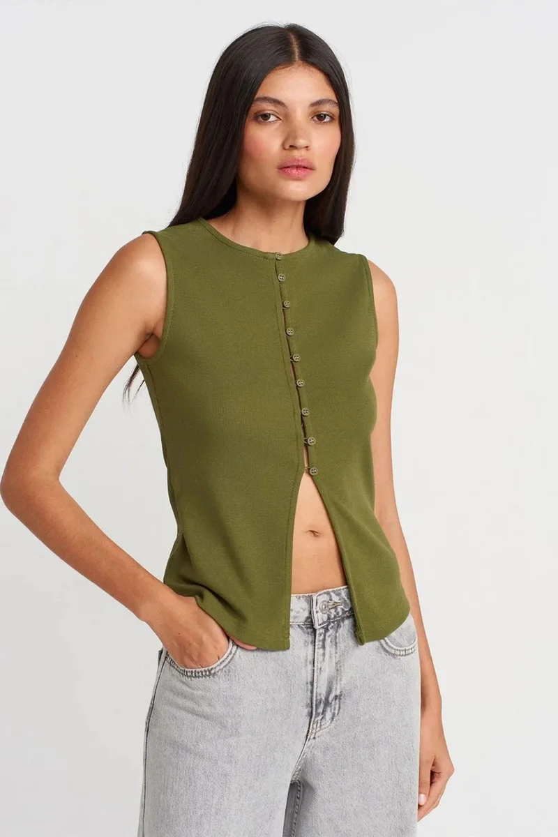 Dilvin Khaki Green DILVIN Ribbed Sleeveless Button-front Blouse for Women | Best Price UAE