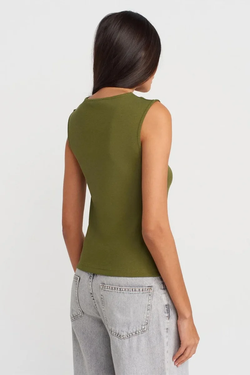 Dilvin Khaki Green DILVIN Ribbed Sleeveless Button-front Blouse for Women | Best Price UAE