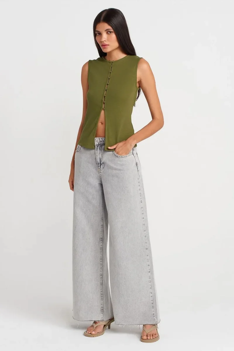 Dilvin Khaki Green DILVIN Ribbed Sleeveless Button-front Blouse for Women | Best Price UAE