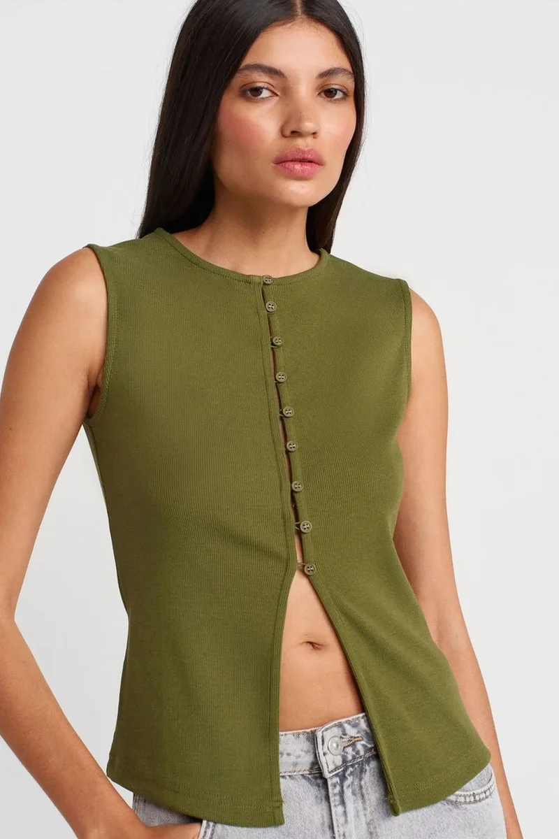 DILVIN Ribbed Sleeveless Button-front Blouse