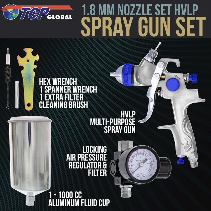 TCP Global Professional HVLP Spray Gun 1.8mm - Gravity Feed Auto Paint Gun Kit for Basecoat, Clearcoat, Primer - Spray Guns Paint Sprayer with Air Compressor Regulator (G6600-13) - Image 2