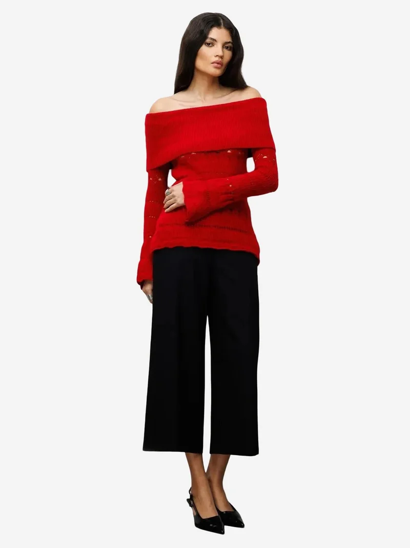 MixRay MIXRAY Off Shoulder Textured Ribbed Sweater with Cut Out Details