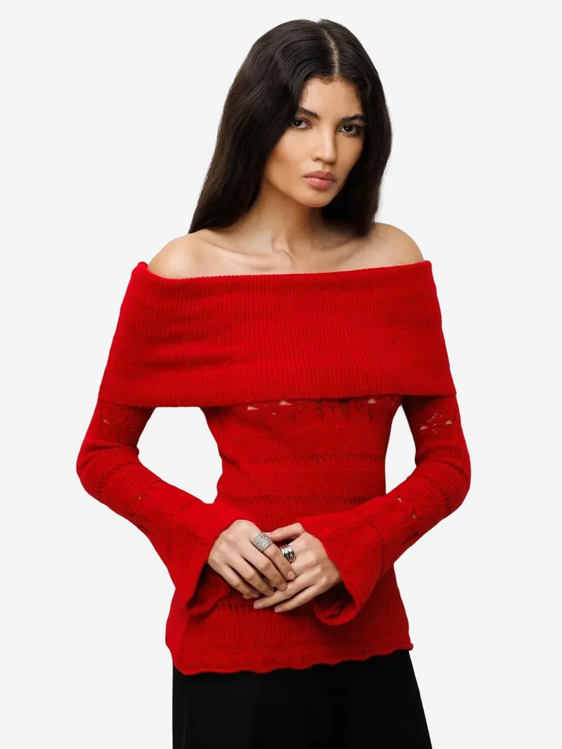 MixRay MIXRAY Off Shoulder Textured Ribbed Sweater with Cut Out Details