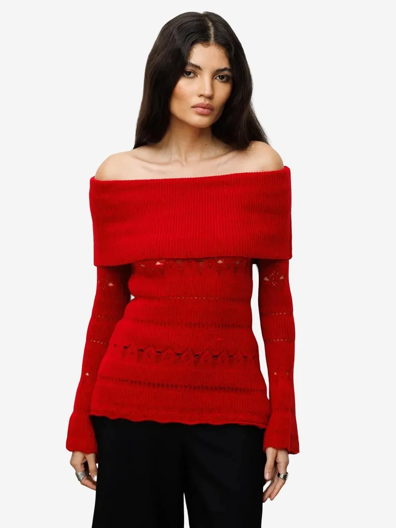 Mixray Red MIXRAY Off Shoulder Textured Ribbed Sweater with Cut Out Details for Women | Best Price UAE