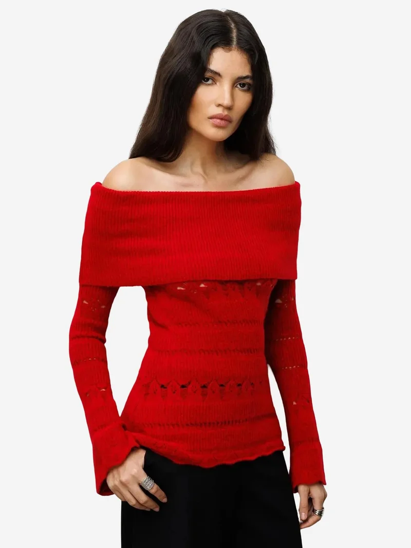 Mixray Red MIXRAY Off Shoulder Textured Ribbed Sweater with Cut Out Details for Women | Best Price UAE