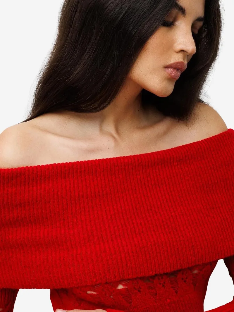 Mixray Red MIXRAY Off Shoulder Textured Ribbed Sweater with Cut Out Details for Women | Best Price UAE
