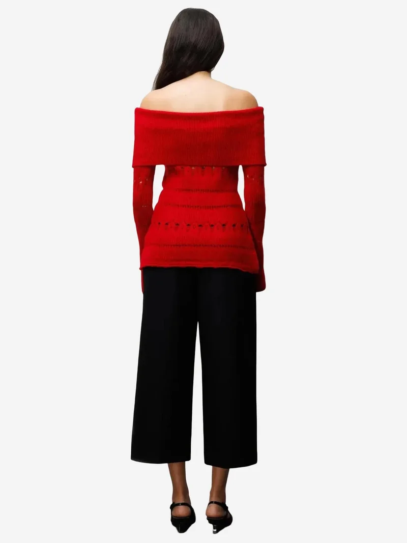 Mixray Red MIXRAY Off Shoulder Textured Ribbed Sweater with Cut Out Details for Women | Best Price UAE
