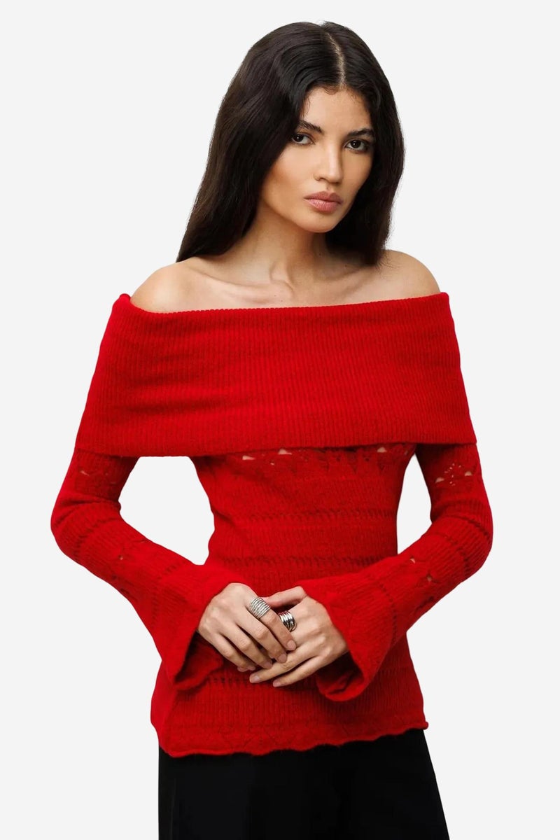 MIXRAY Off Shoulder Textured Ribbed Sweater with Cut Out Details - Image 1