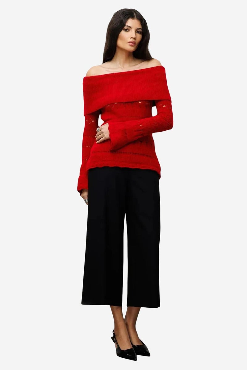 MIXRAY Off Shoulder Textured Ribbed Sweater with Cut Out Details - Image 2