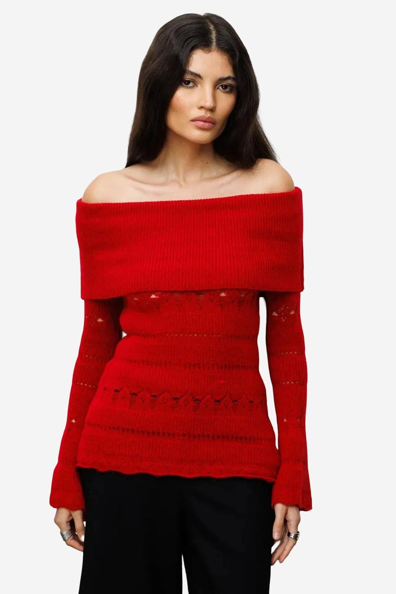 MIXRAY Off Shoulder Textured Ribbed Sweater with Cut Out Details - Image 3