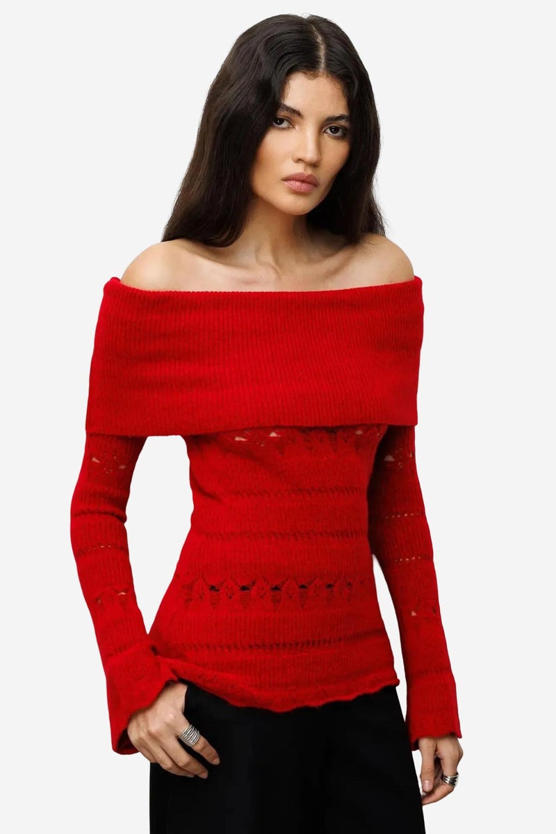 MIXRAY Off Shoulder Textured Ribbed Sweater with Cut Out Details - Image 4
